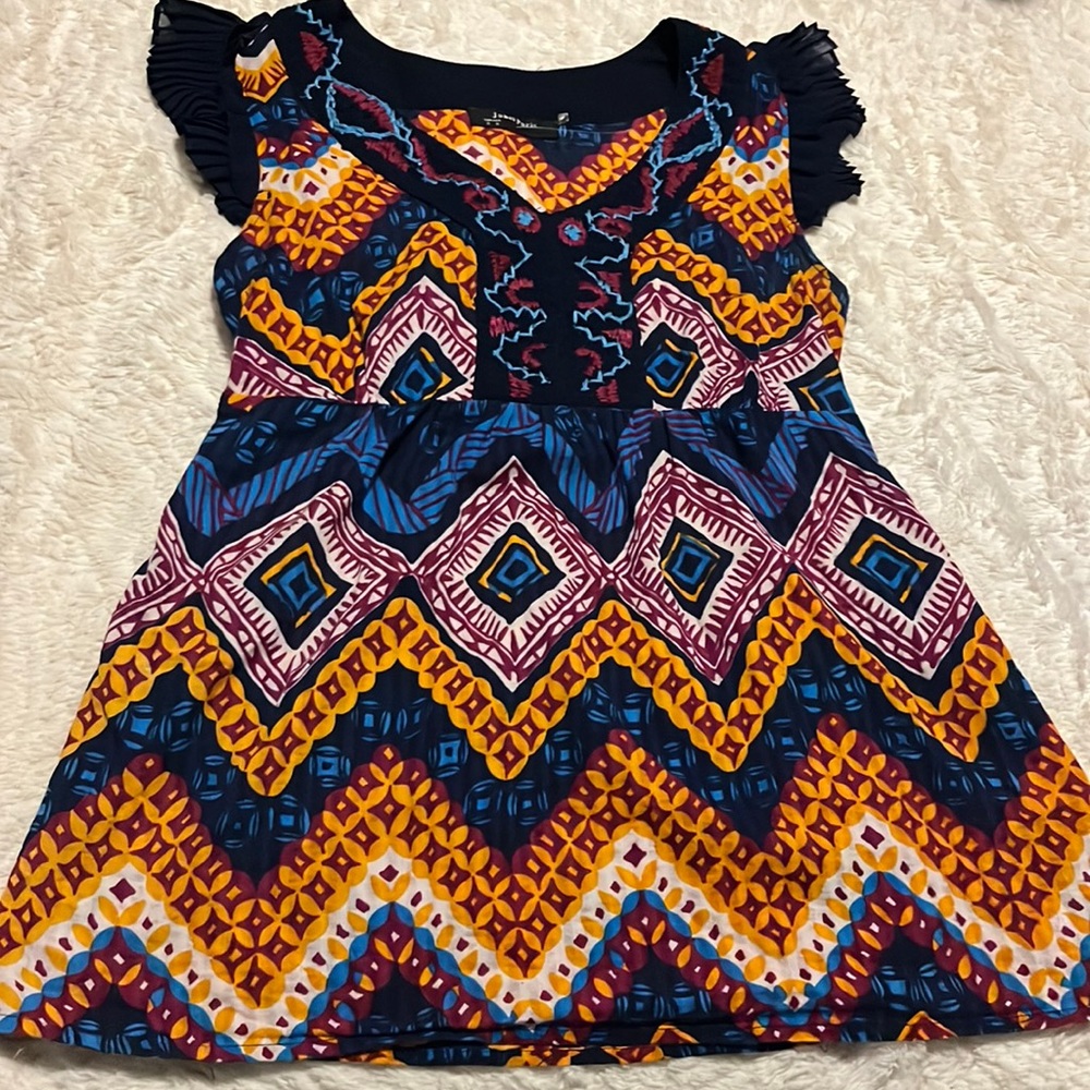Women’s Janet Paris NEW Boho embroidered cap sleeved top. Colorful Funky Small